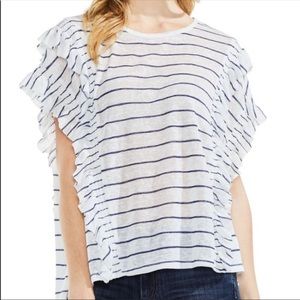 Vince Camuto Navy & White Striped Ruffled Top